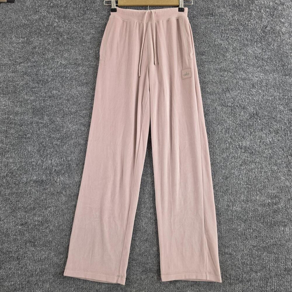 Alo Yoga Pants Womens XS Velour Wide Leg High Waist Pink Lounge Sweatpants Comfy